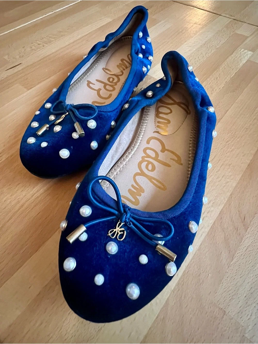 Sam Edelman Deep Teal Velvet Pearl-Embellished Ballet Flats Sz 3K/4.5W